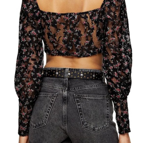 Topshop Ditsy Lace Up Crop Top Black Red Floral 10 - Picture 3 of 12